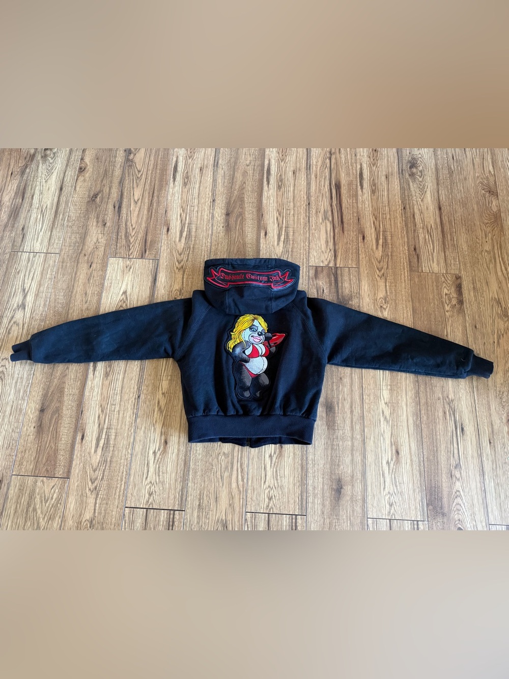 Black Graphic Pullover Hoodie with Retro Cartoon Patch